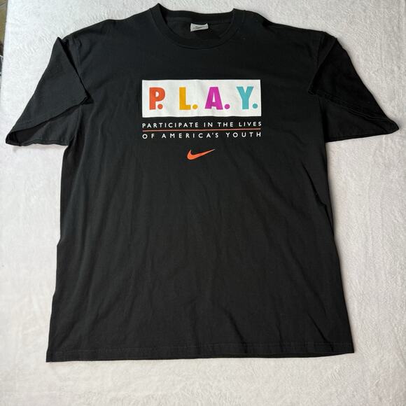 90s Nike PLAY Vtg Black T-Shirt Orange Swoosh XL America's Youth Colorful Logo - Picture 1 of 5
